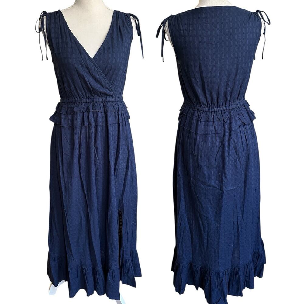 Caslon Navy Blue Textured Ruffle Hem Midi Dress Women's XXS Coastal Summer - Picture 2 of 7
